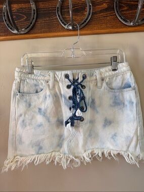 Free People White and Light Blue Tie-Dye Denim Mini Skirt with Navy Lace-Up